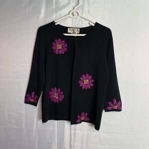 Joseph A Black Cardigan with Purple Floral Design
